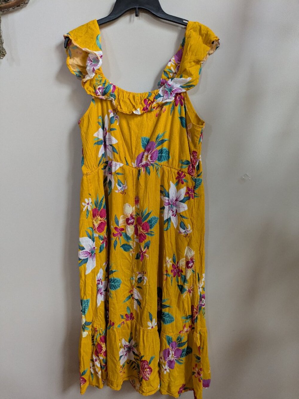 Old Navy Mustard Hawaiian Tropical Cotton Sun Dress Midi Size L #470